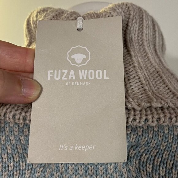 NWT Fuza Wool Hilda Handmade Chunky Knit Turtleneck Sweater Size M Blue Beige - Picture 7 of 10